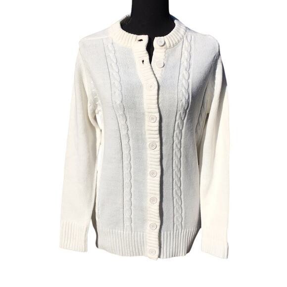 Vintage Sweaters - Vintage Nan Dorsey White Cable Knit Granny Cardigan Size Medium